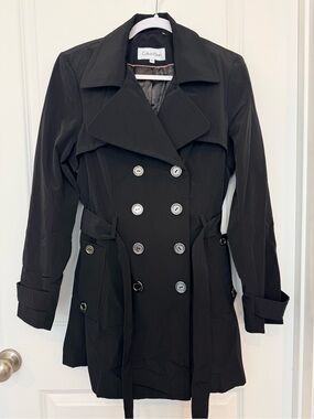 Calvin Klein Black Double-Breasted Trench Belted Coat Medium Women's